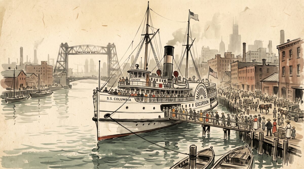 Sumi-e style painting of a crowded white excursion steamer moored against a downtown river wharf with passengers boarding