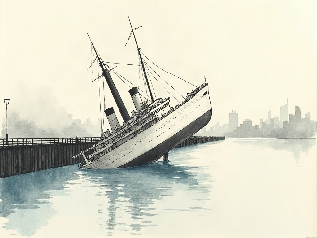 Ink-wash illustration of a top-heavy steamship rolling onto its side in a narrow river beside a wharf