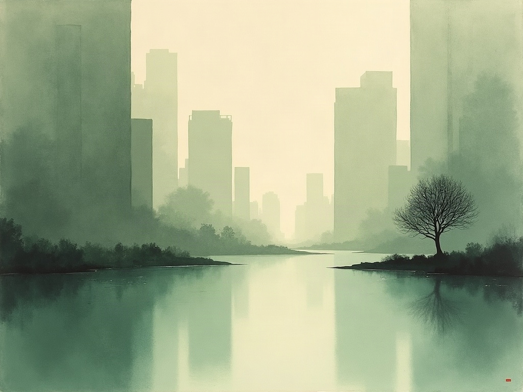 Sumi-e style painting of a calm empty city river at dusk with a small memorial plaque on the bank