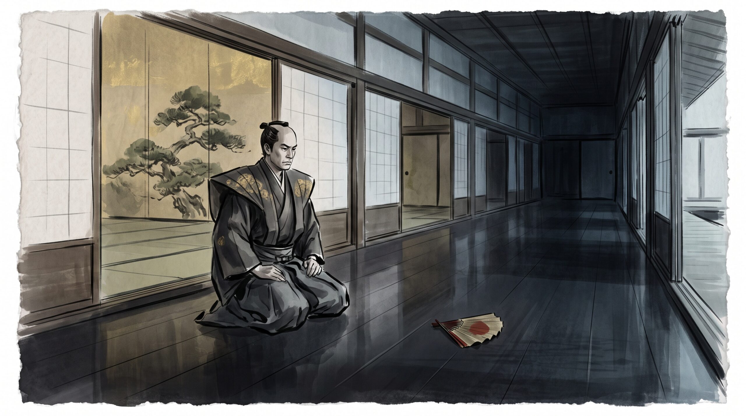 Painterly illustration of a lone samurai lord in formal dress kneeling tense in a grand gold-screened castle corridor with a dropped fan on the floor