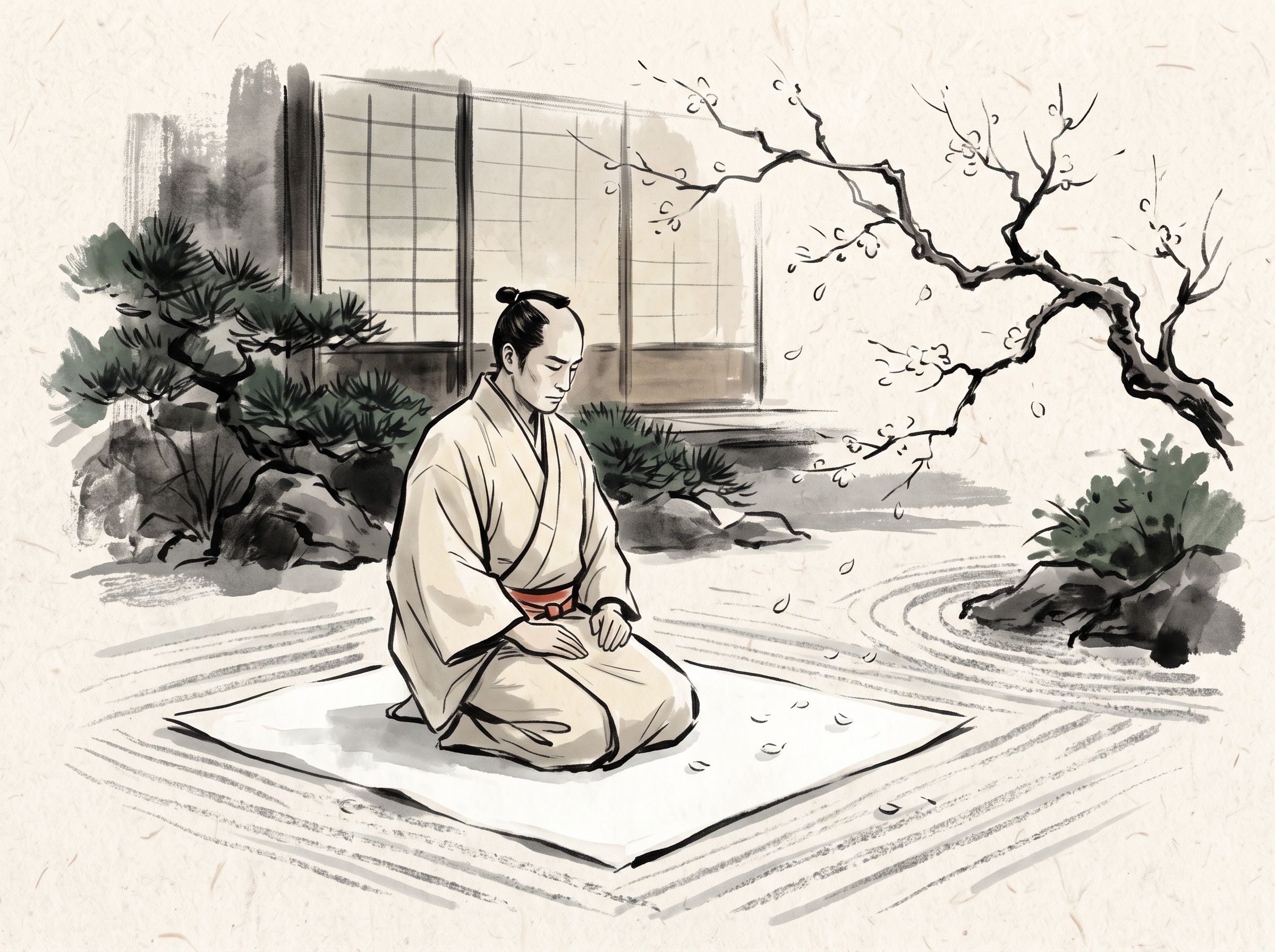 Illustration of a solitary samurai kneeling in dignity on white cloth in a raked gravel garden beneath a bare cherry branch dropping petals