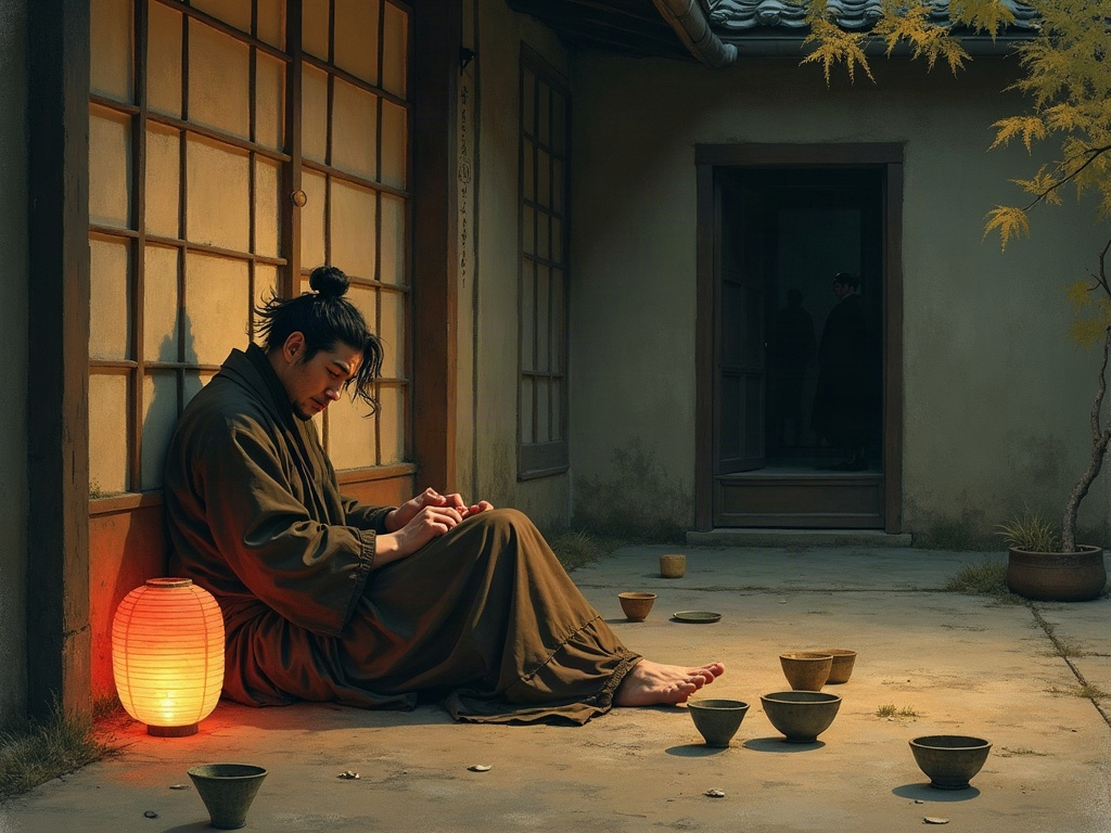 Illustration of a dishevelled samurai feigning drunkenness among sake cups on a lantern-lit Kyoto veranda at night while shadowy watchers look on