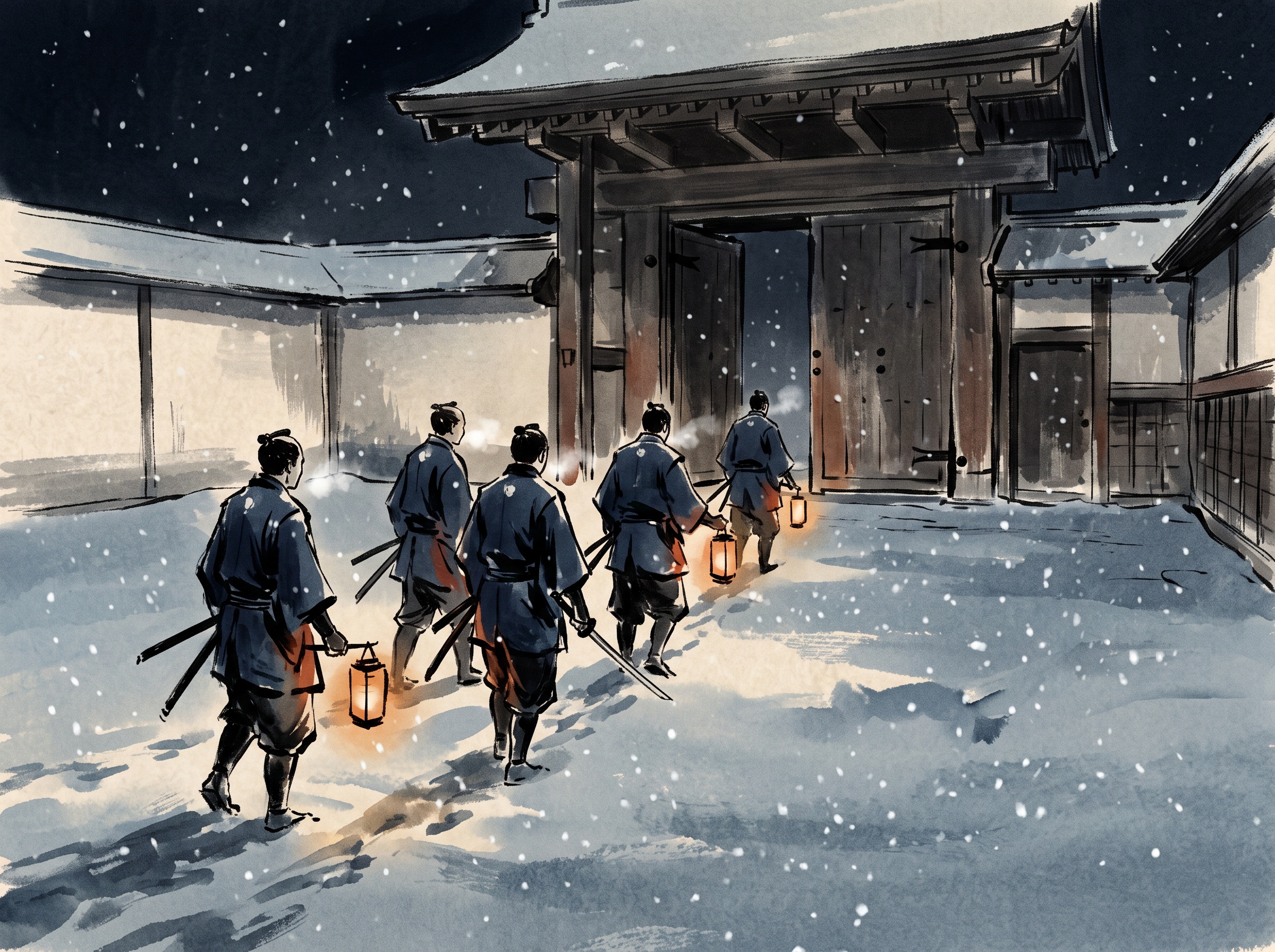 Illustration of a disciplined band of samurai crossing a snowy courtyard at night with low lanterns toward a wooden mansion gate