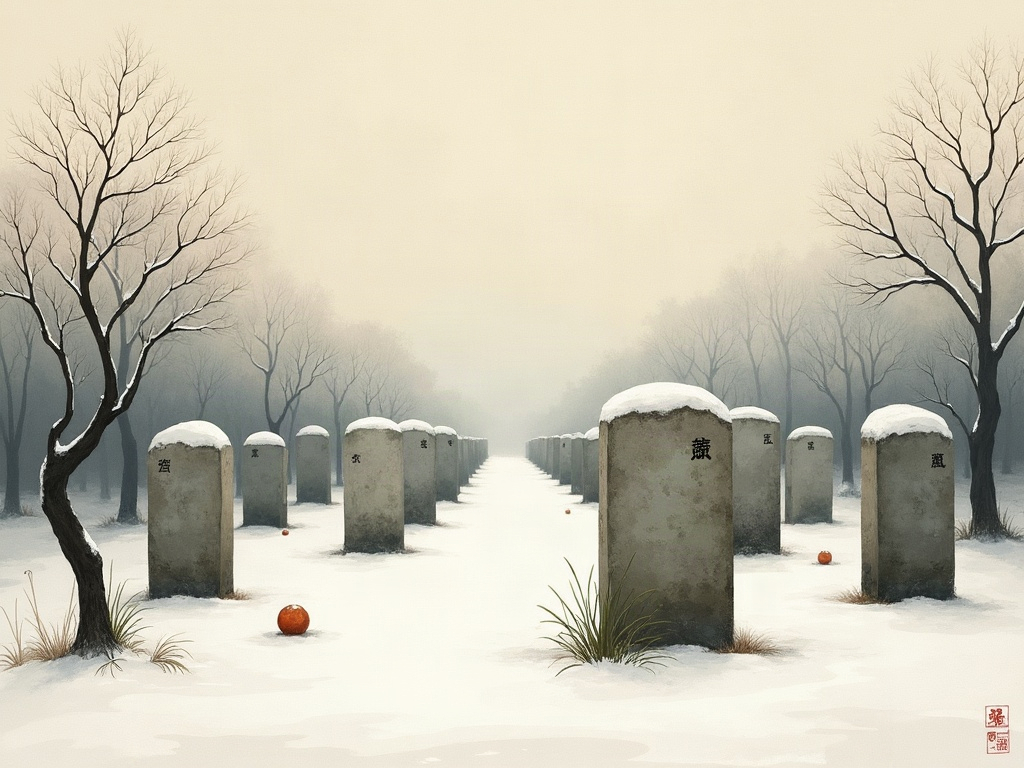 Illustration of rows of weathered stone grave markers under light snow in a quiet temple precinct with incense smoke rising