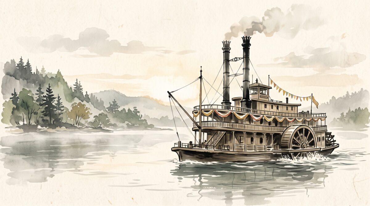 Painterly illustration of a large wooden paddle-wheel excursion steamboat on a calm river in soft morning light, dressed with festive bunting