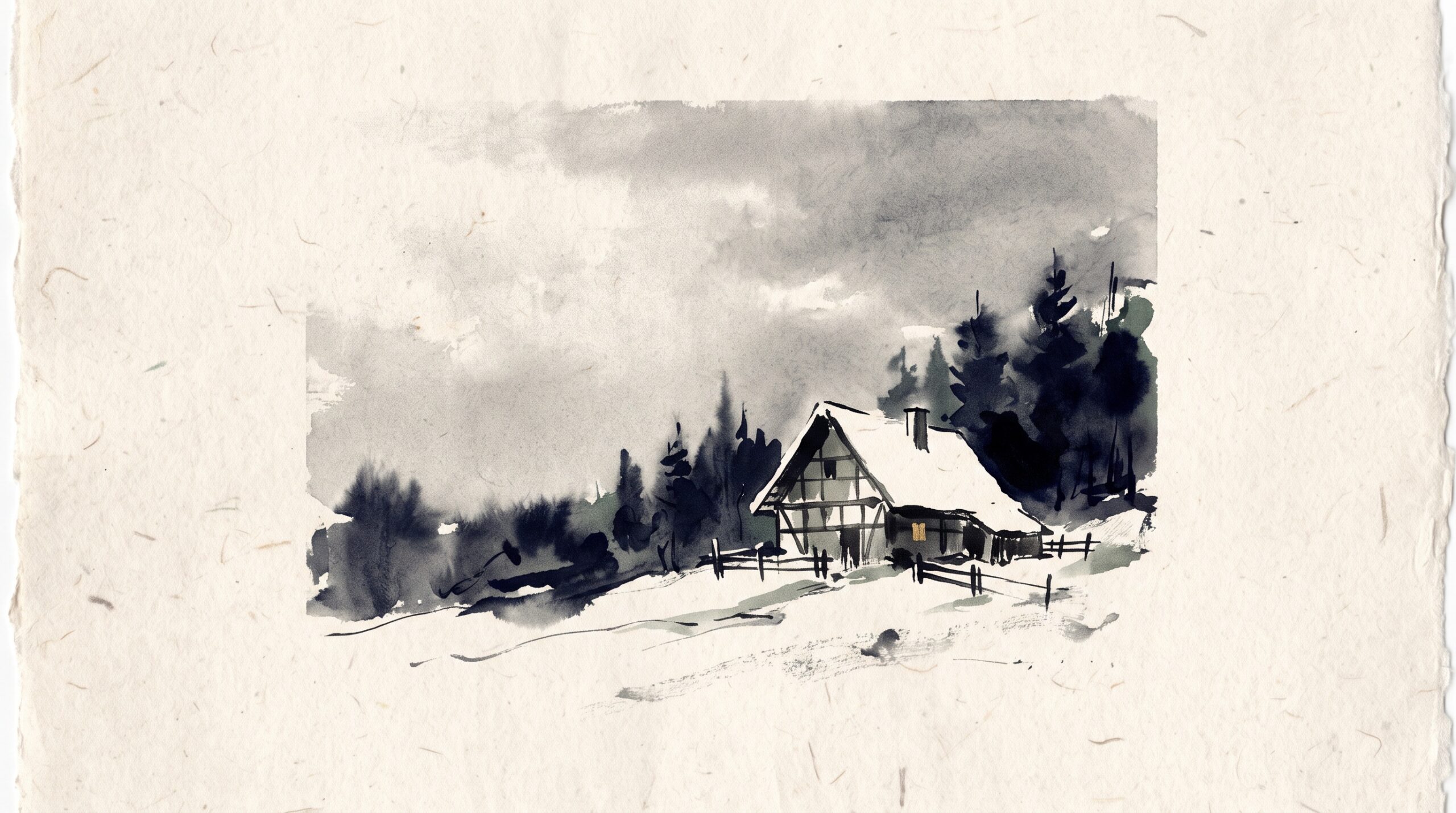 Sumi-e style painting of a lonely snow-covered Bavarian farmstead at the edge of dark woods at dusk