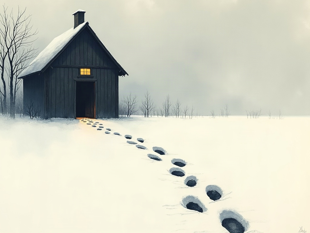 Ink-wash illustration of footprints in snow leading to a farmhouse door with none leading away