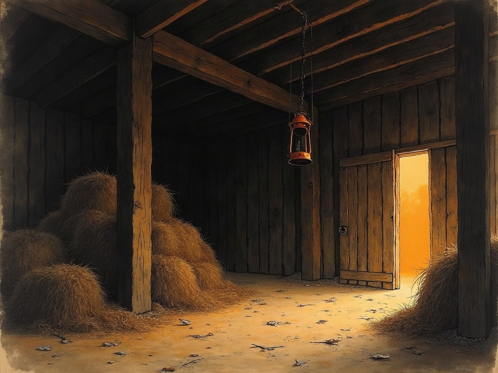 Sumi-e style painting of a dim barn interior with piled hay and a single lantern