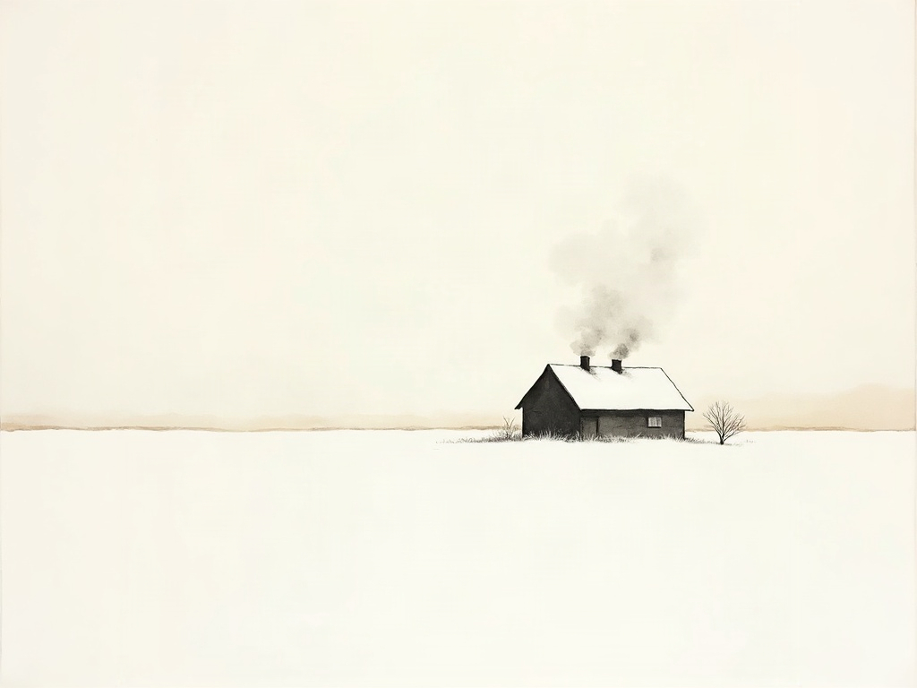 Ink painting of smoke rising from a snow-covered farmhouse chimney seen across an empty winter field
