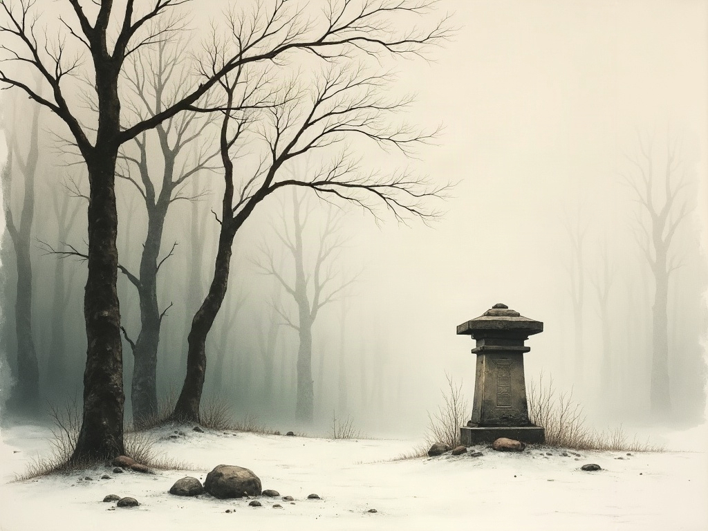 Sumi-e style painting of a small stone memorial shrine in a snowy forest clearing