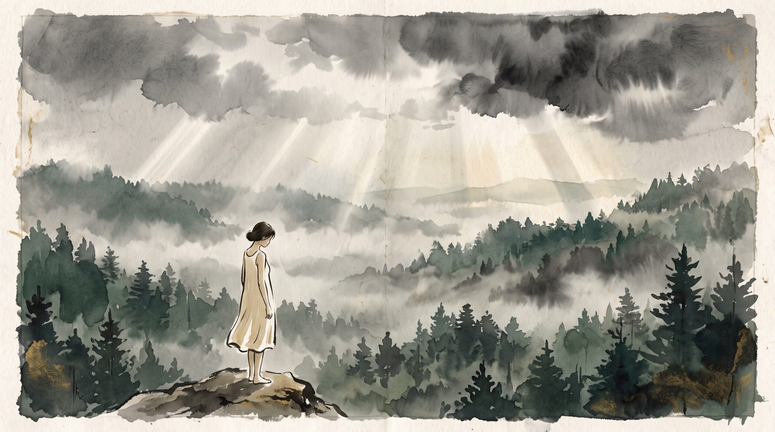 Painterly illustration of a young woman dwarfed by a vast Amazon canopy beneath a storm sky