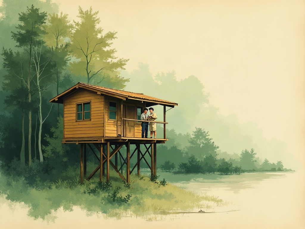 Illustration of a jungle research station where biologists study rainforest wildlife