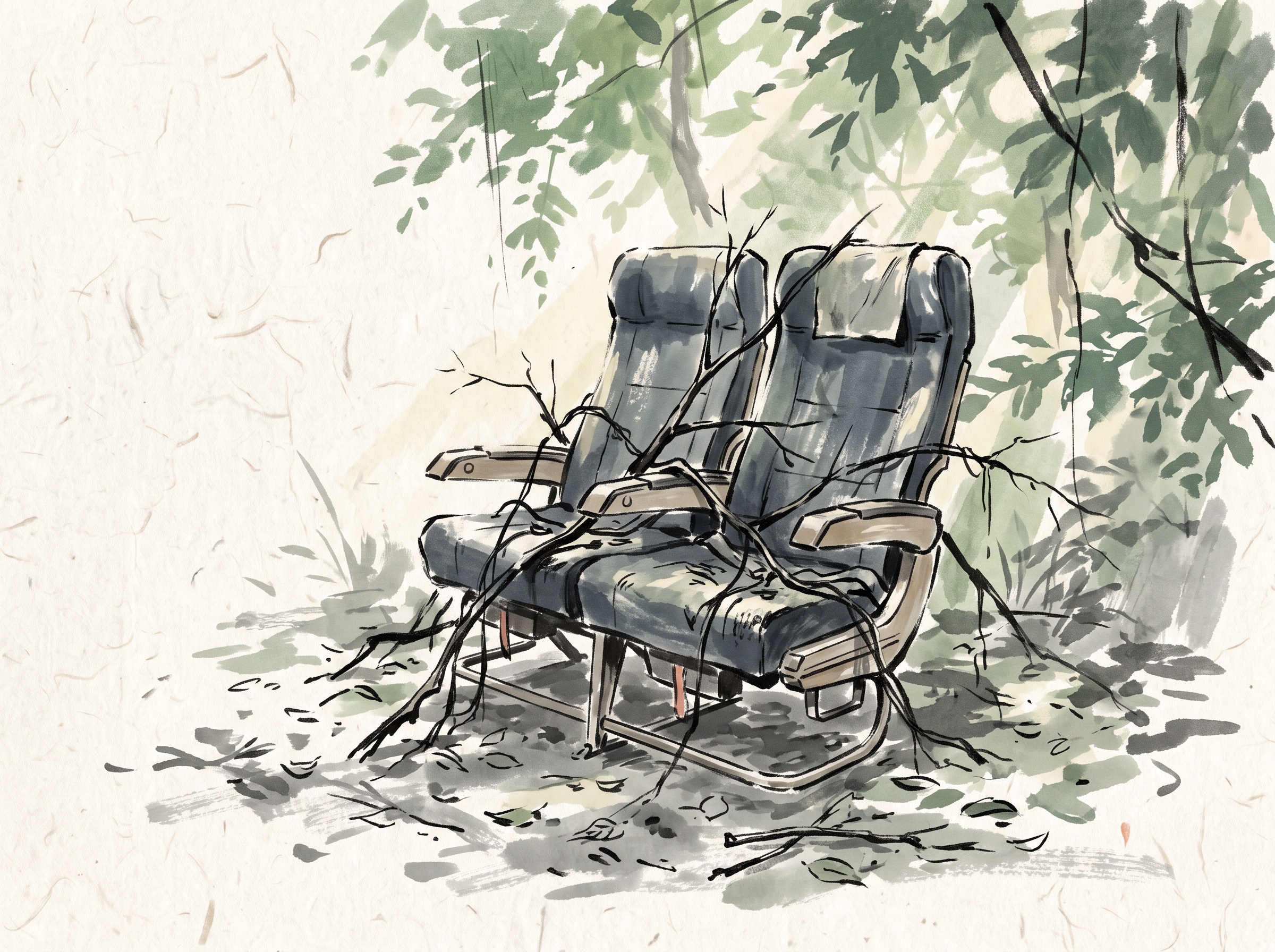 Painterly illustration of an airliner seat row fallen among rainforest branches