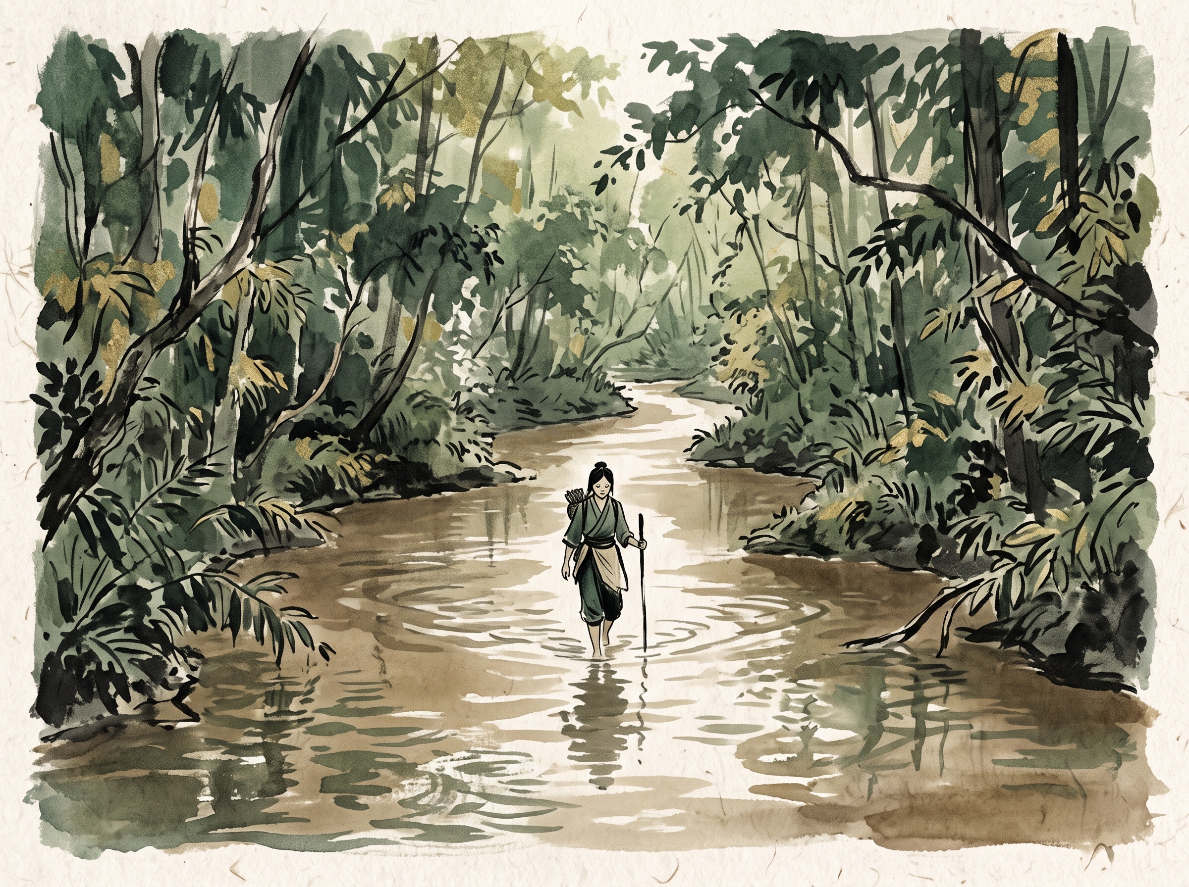 Painterly illustration of a young woman wading down a jungle creek surrounded by forest