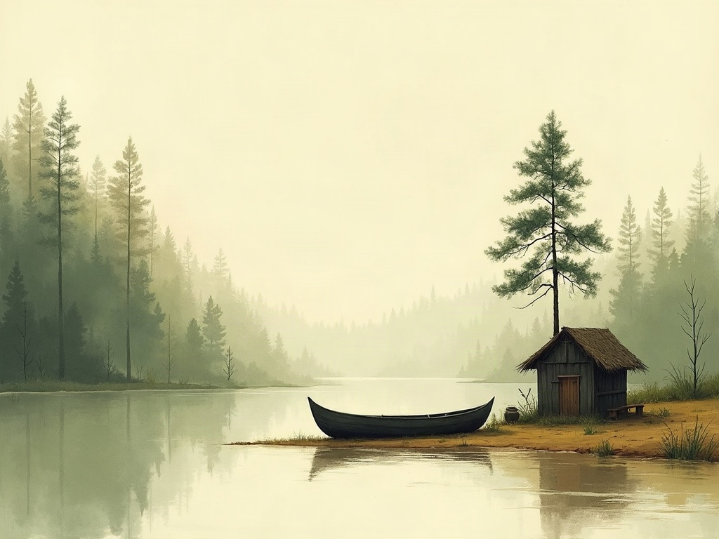 Illustration of a dugout canoe and shelter on an Amazon riverbank