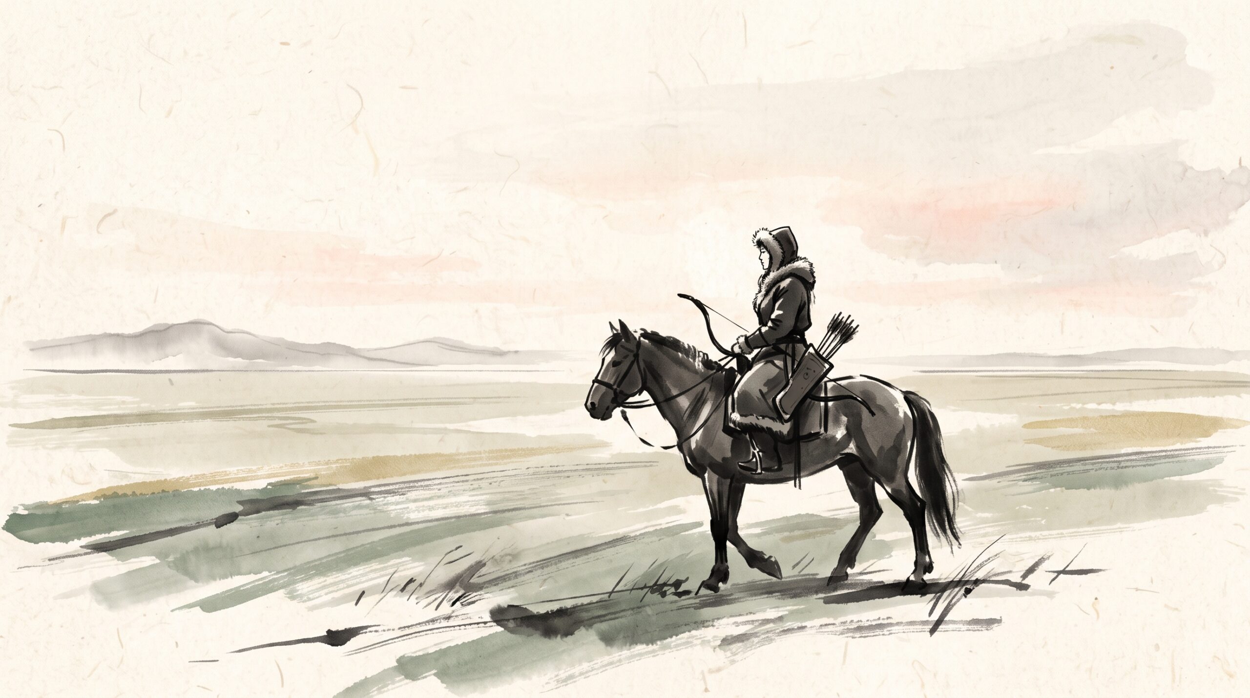 Painterly illustration of a lone Mongol woman warrior on horseback silhouetted against a vast open steppe at dawn