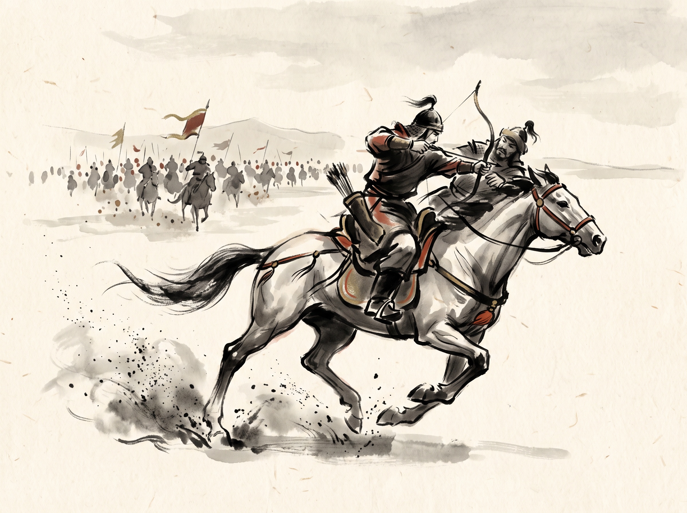 Illustration of a Mongol horse archer at full gallop leaning from the saddle to seize an enemy rider amid dust and distant horsemen
