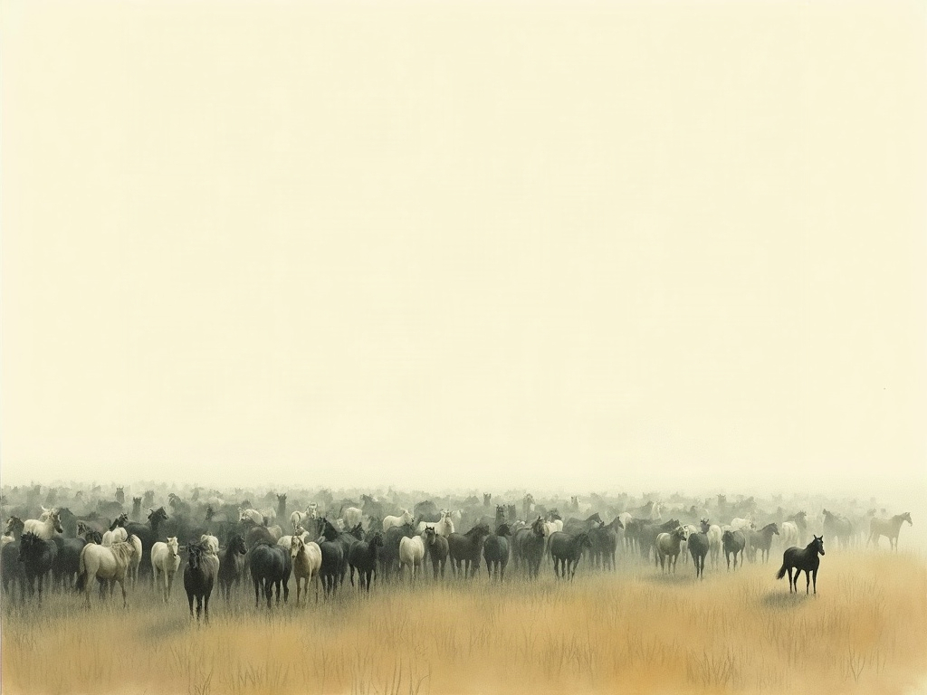 Illustration of a vast herd of horses stretching across an open grassland to the horizon under a pale sky
