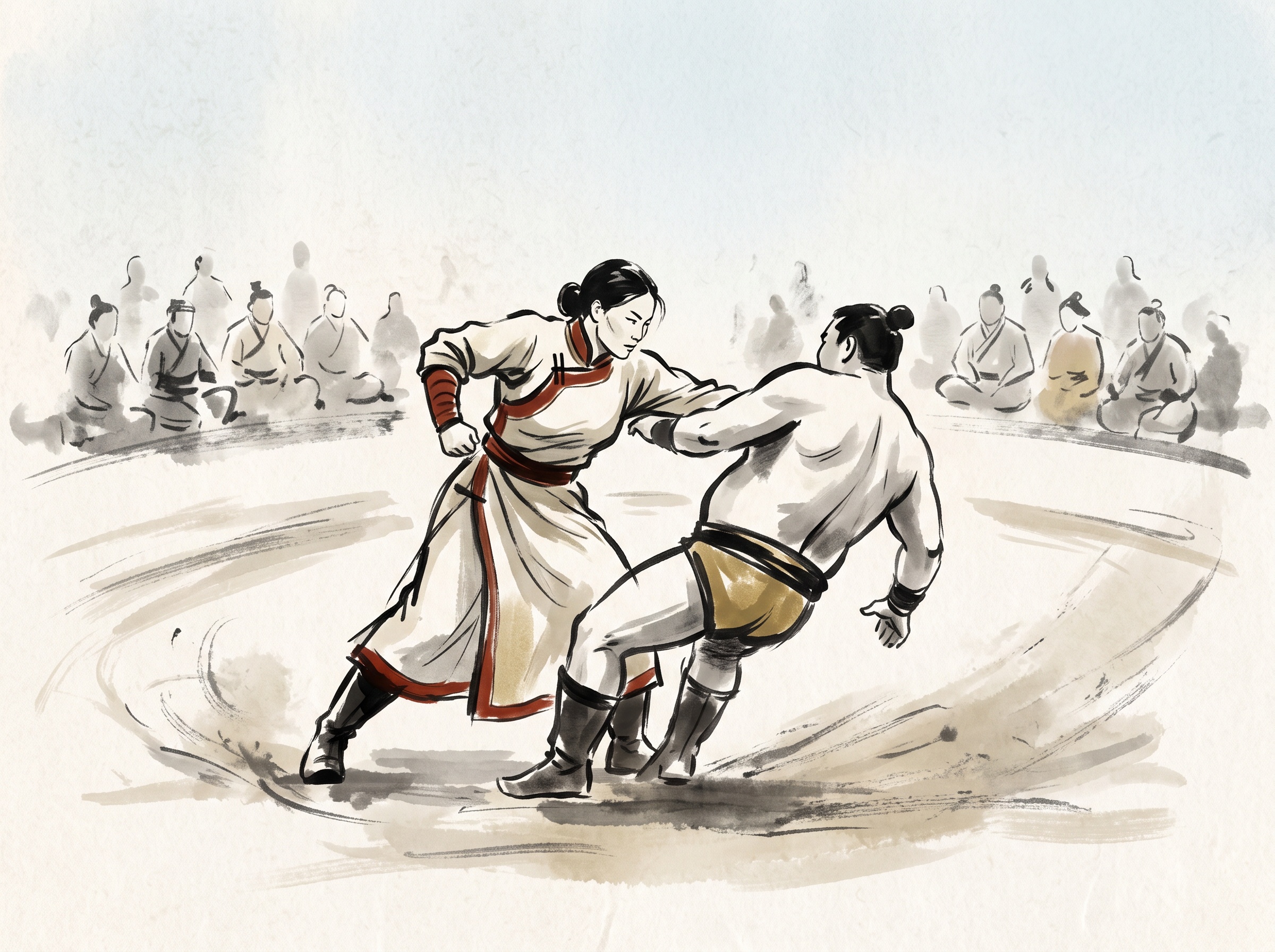 Illustration of two wrestlers grappling on open ground as a strong woman drives a larger male opponent off balance before a ring of onlookers