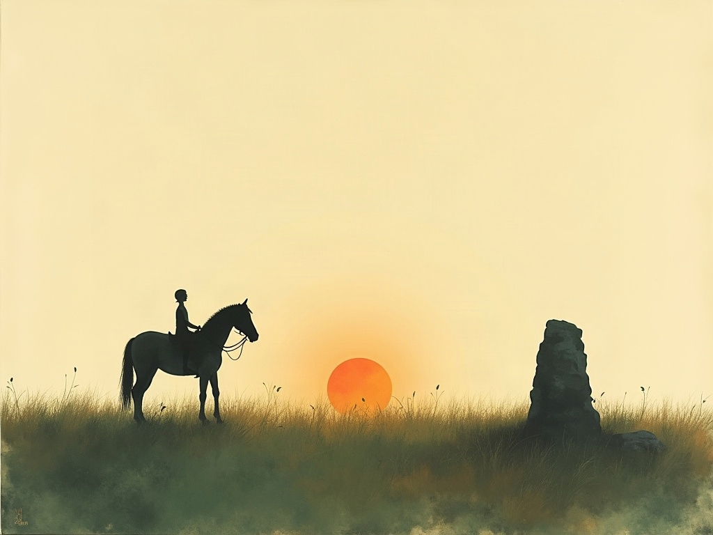 Illustration of a single riderless horse standing beside a low stone cairn on an empty steppe at dusk