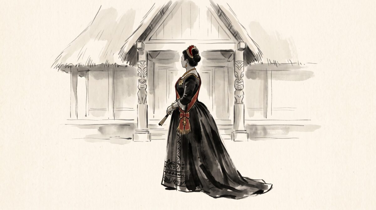 A painterly, minimalist portrait of a 19th-century Hawaiian queen standing alone before a royal palace