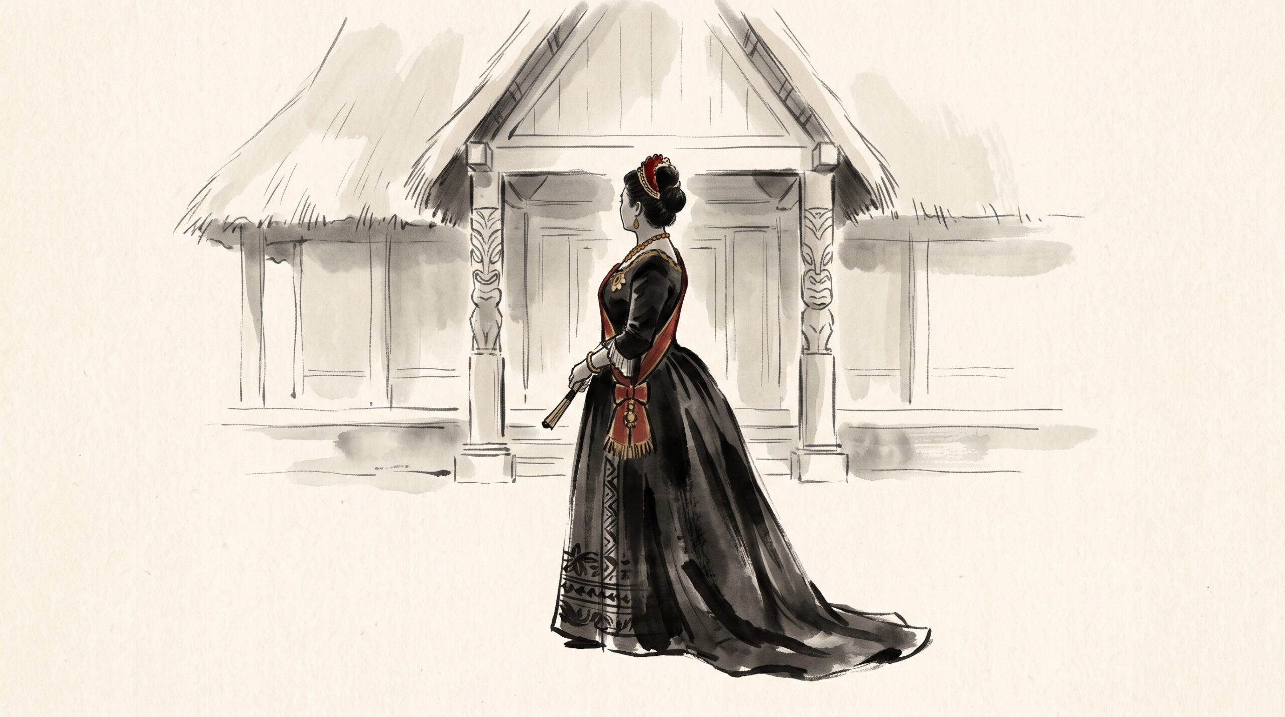 A painterly, minimalist portrait of a 19th-century Hawaiian queen standing alone before a royal palace