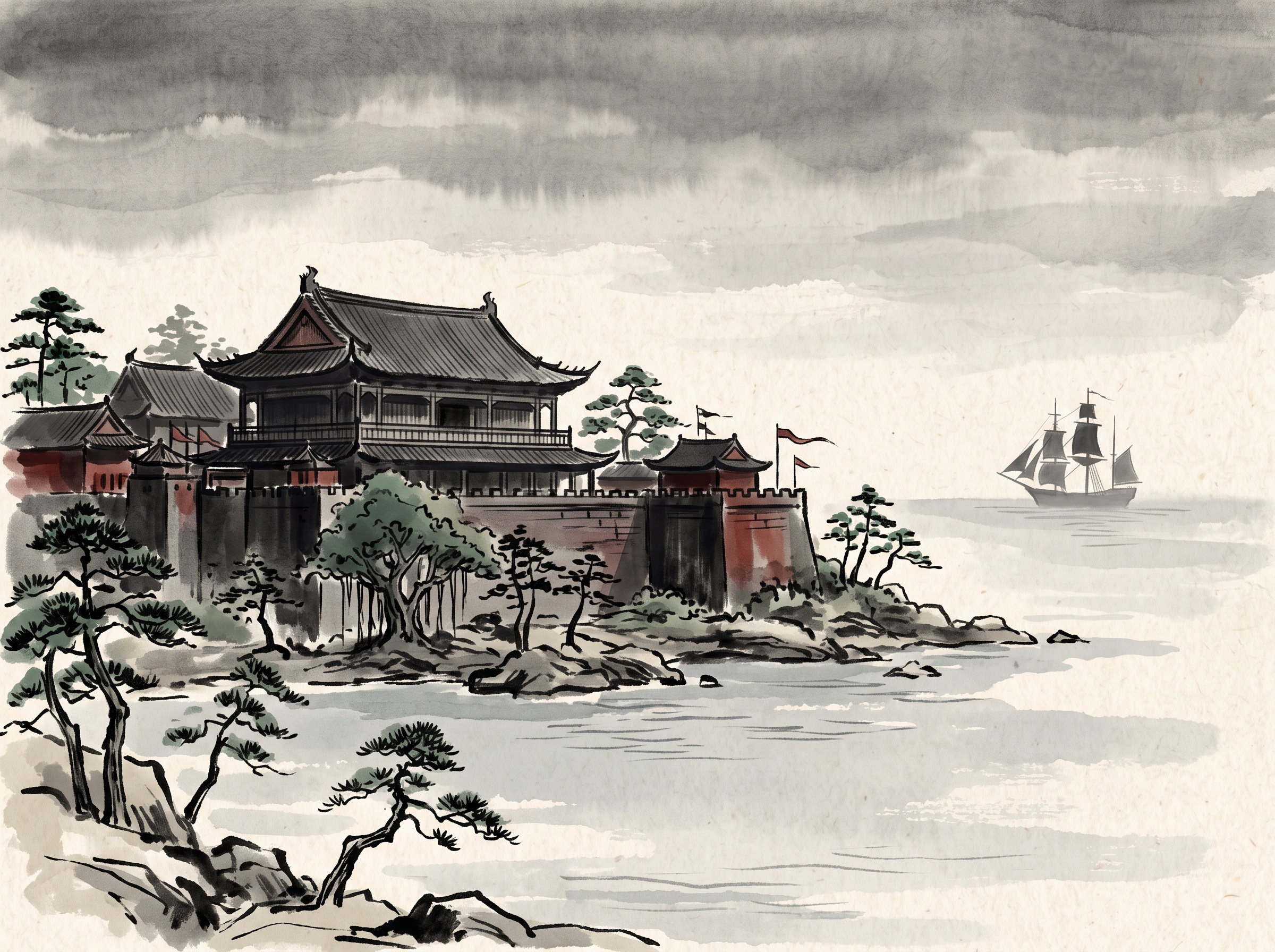 A royal island palace under a heavy sky with a distant foreign warship in the harbor