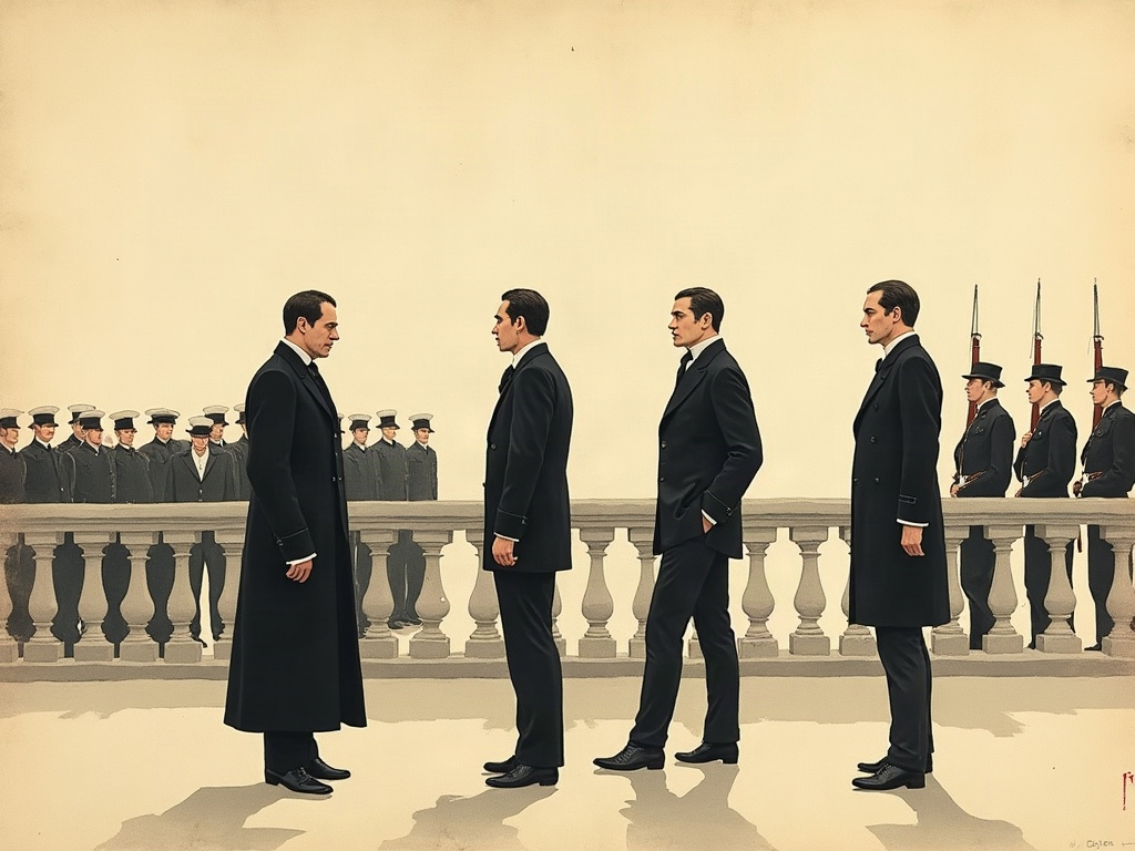 A small group of men in business suits conspiring while armed foreign sailors stand behind them