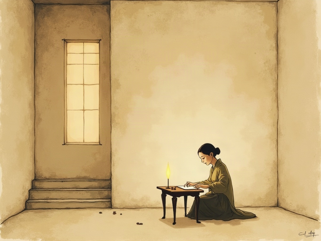 A lone woman composing music by lamplight in a sparse upstairs room
