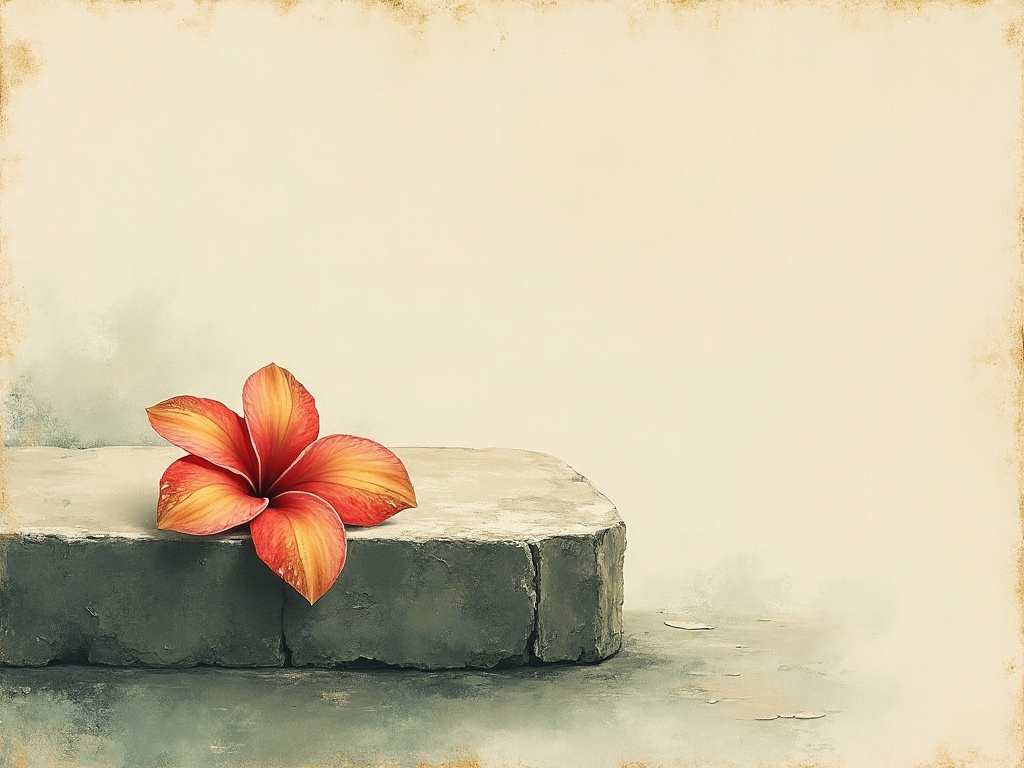 A single flowering lei resting on a weathered stone step in soft light
