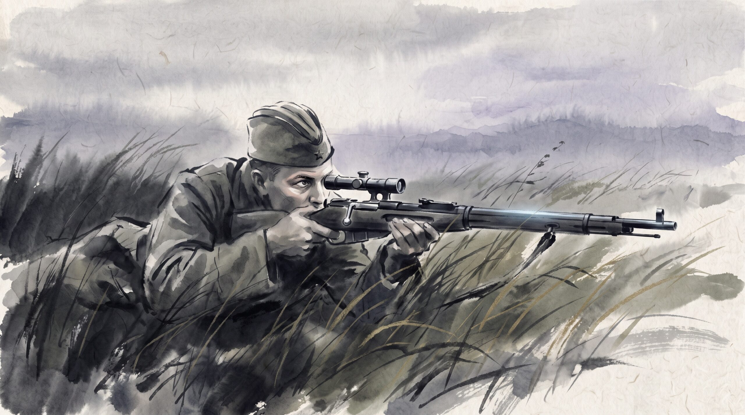 Painterly illustration of a lone sniper lying prone and still in long grass at dawn, rifle extended, the figure dissolving into ink wash