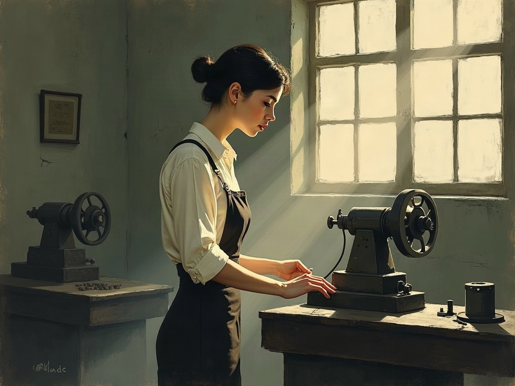 Illustration of a young woman working at an industrial grinding machine in a dim workshop lit by a high window