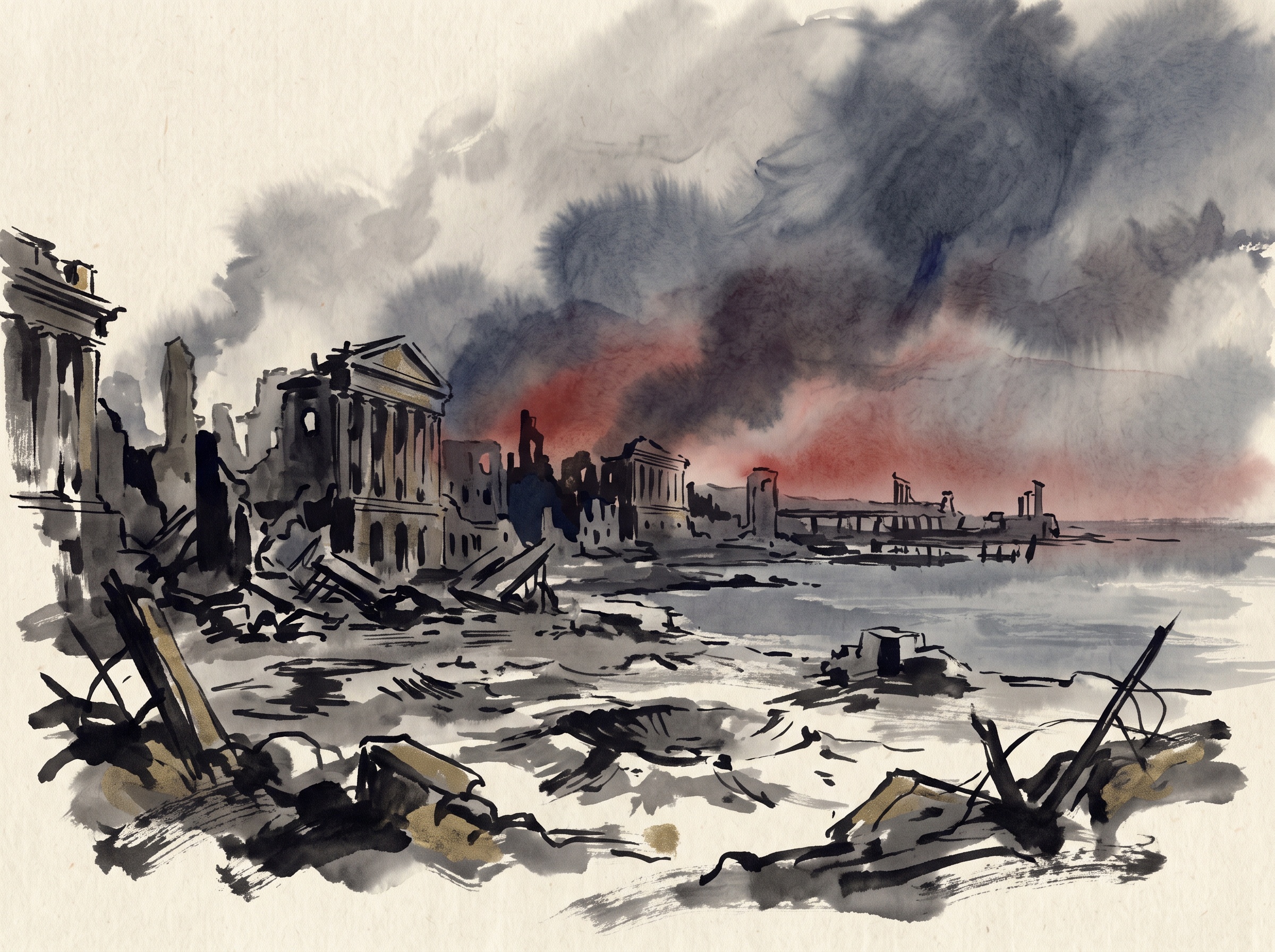 Illustration of a ruined besieged Black Sea port city under a smoke-streaked sky, broken buildings and rubble in sombre ink wash