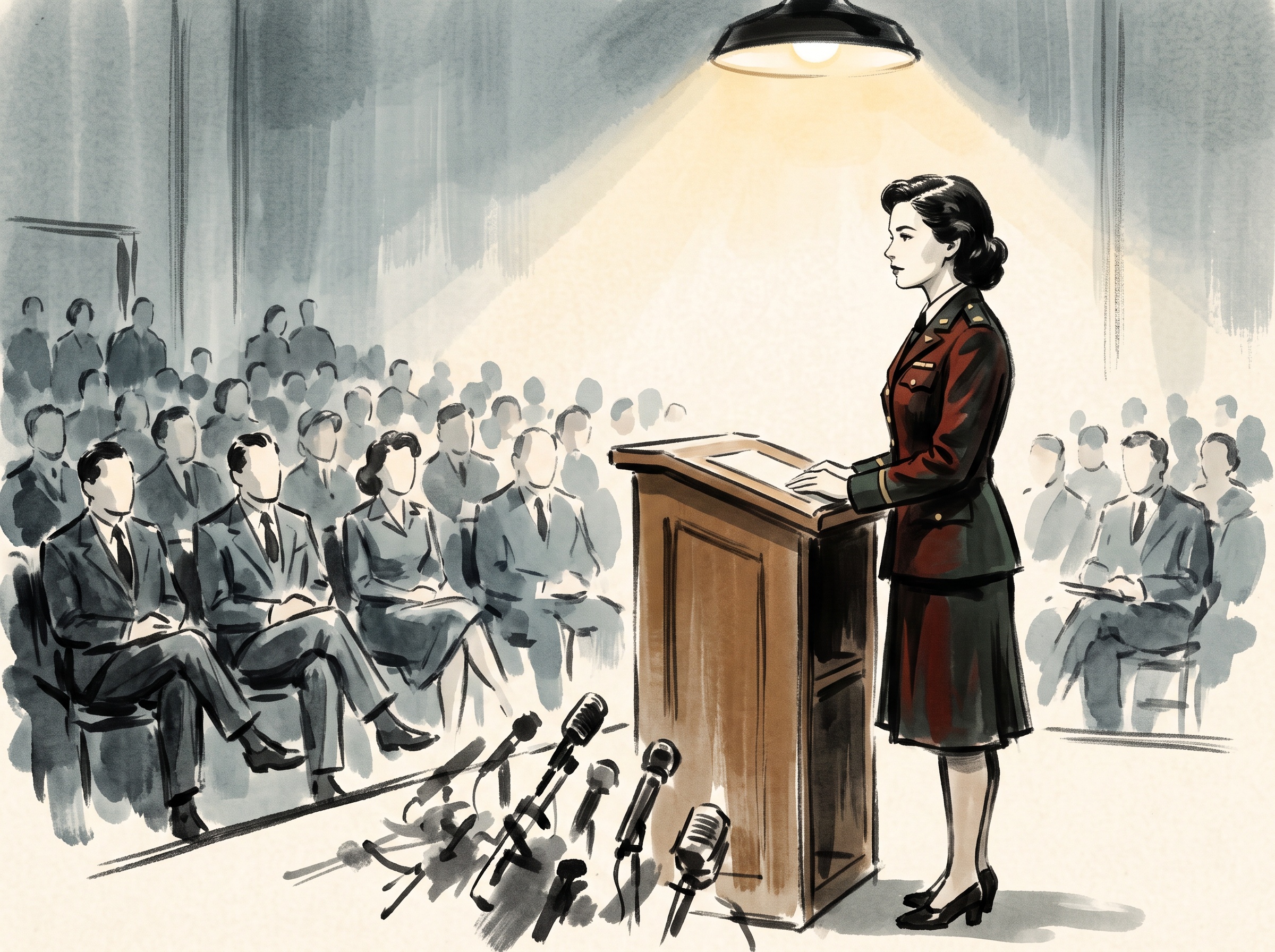 Illustration of a young woman in military uniform standing calmly at a lectern before a blurred American crowd and press microphones