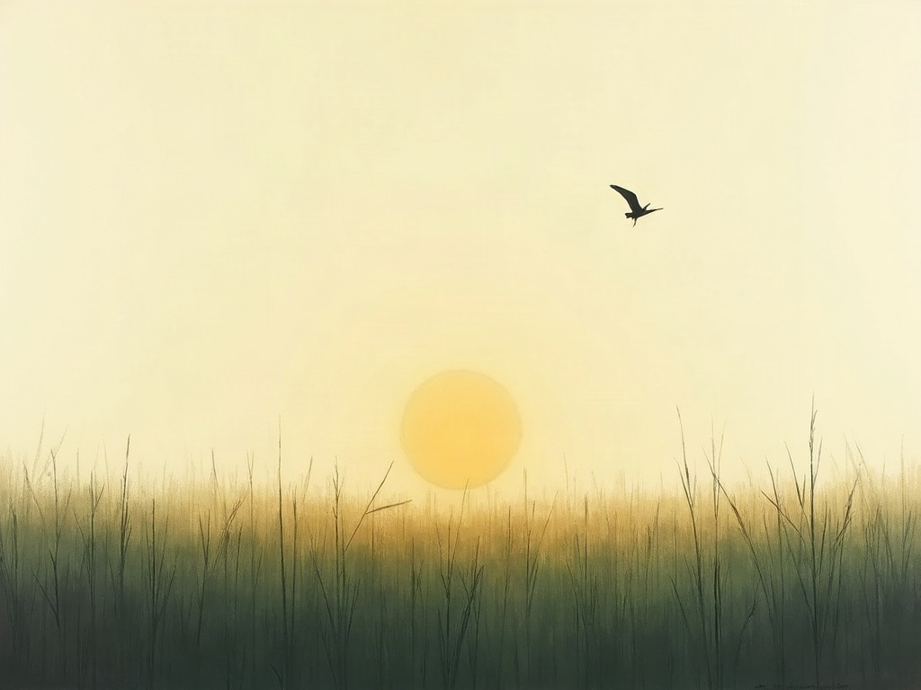 Illustration of an empty field of tall grass bending in the wind at dusk beneath a vast quiet sky, a single bird crossing the light