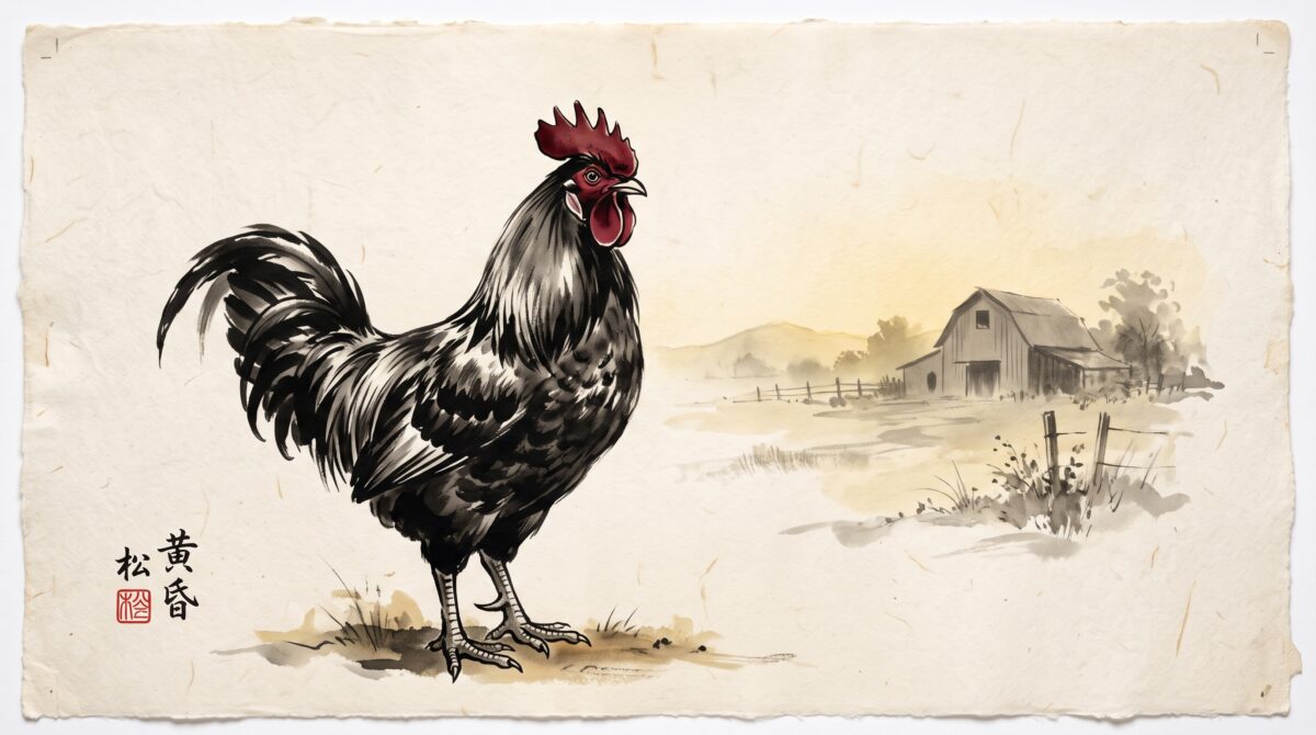 Sumi-e style painting of a young rooster standing alert in a farmyard at golden hour
