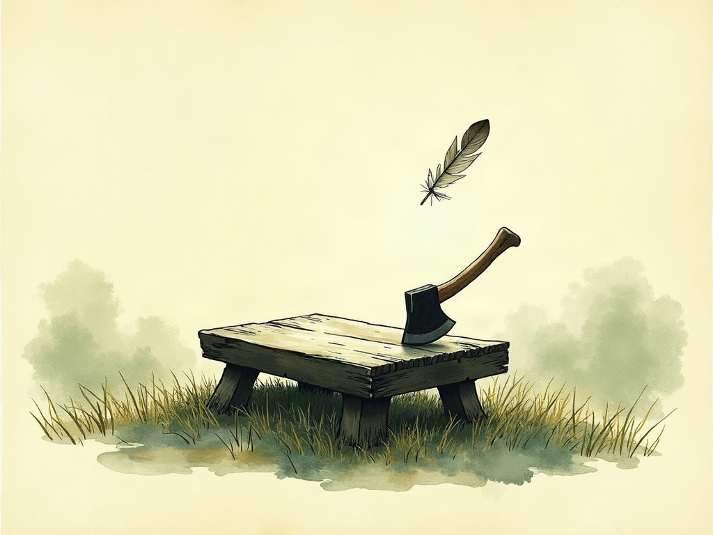 Ink-wash illustration of a wooden chopping block with an axe and a drifting feather at dusk