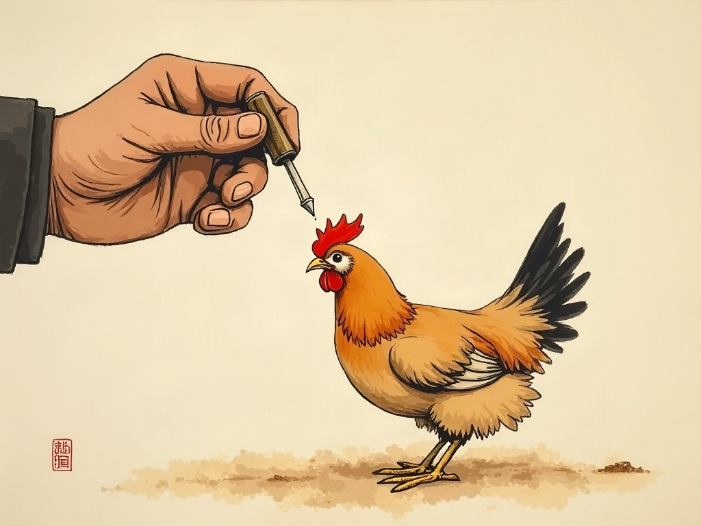 Sumi-e style painting of a farmer's hands feeding a chicken with an eyedropper