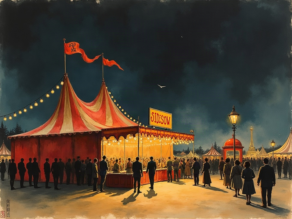 Ink painting of a 1940s sideshow tent and banner at a county fair at night