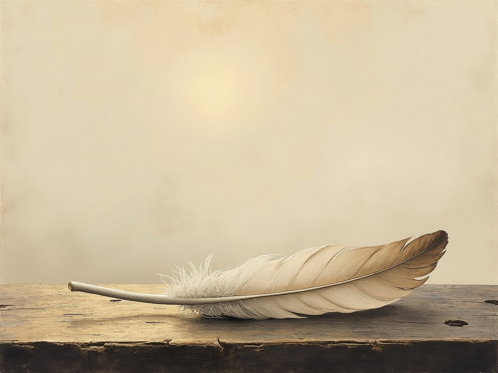 Sumi-e style painting of a single feather resting on weathered wood in dawn light