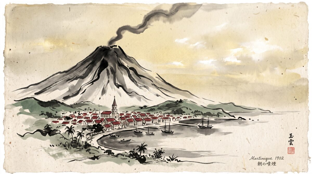 Sumi-e style painting of a tropical volcano towering over a small colonial harbor town with an ash plume