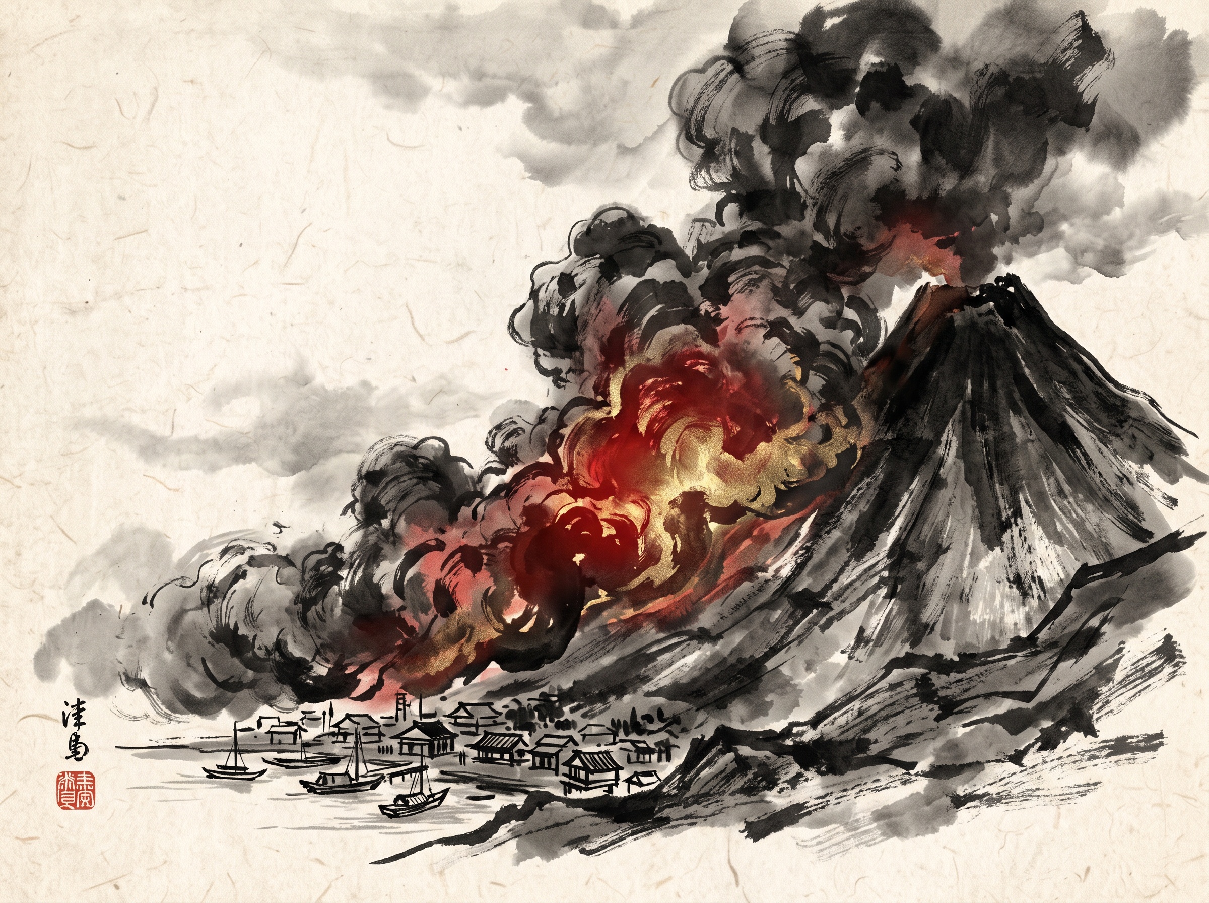 Sumi-e style painting of a glowing avalanche of ash and gas rolling down a volcano toward a town