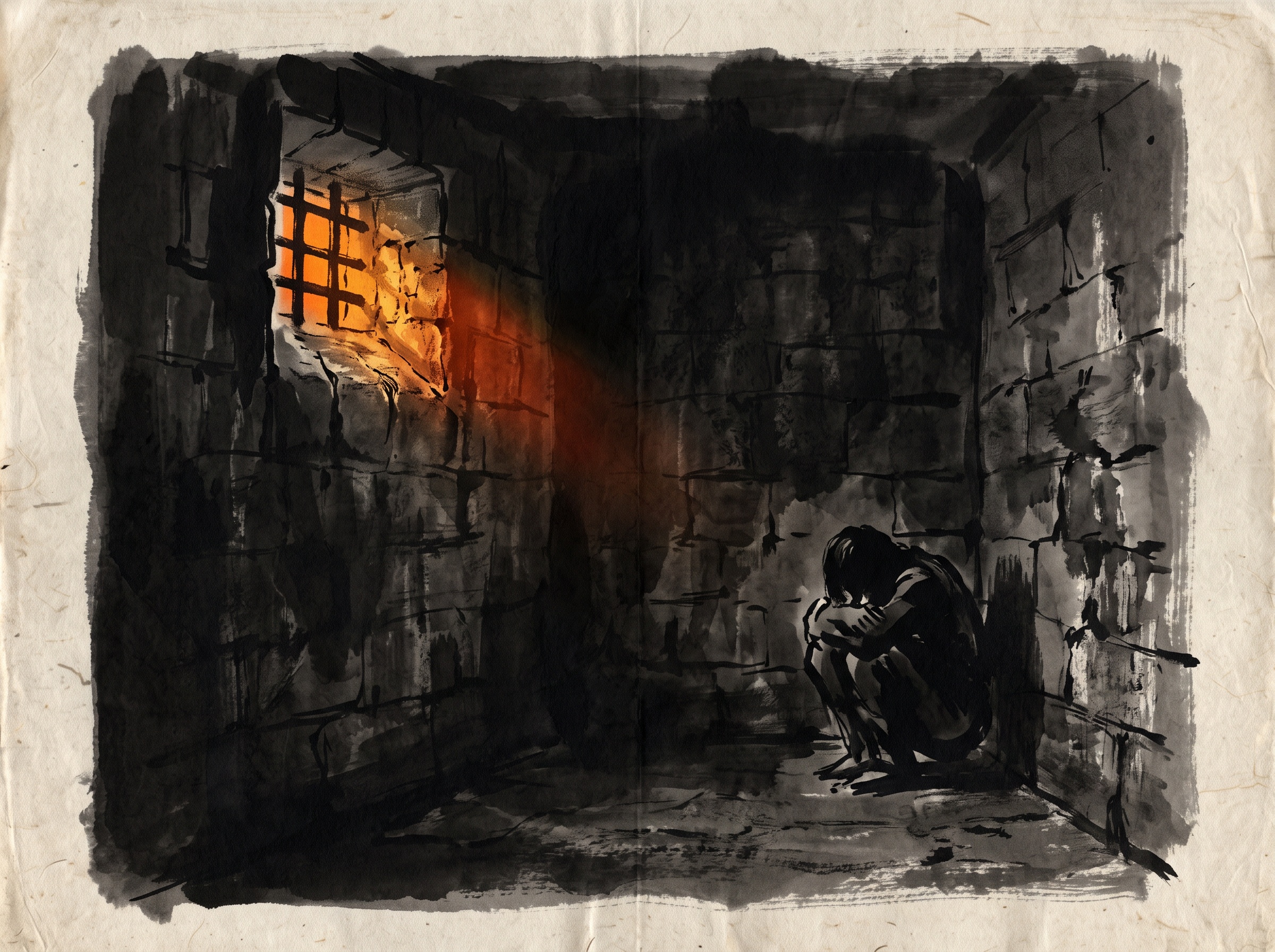 Ink painting of a thick stone dungeon cell with a tiny grated window glowing with fierce light and a crouched figure