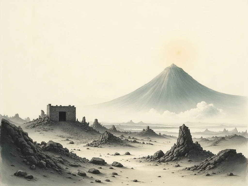 Sumi-e style painting of a ruined ashen colonial town with a lone intact stone cell and a silent volcano beyond