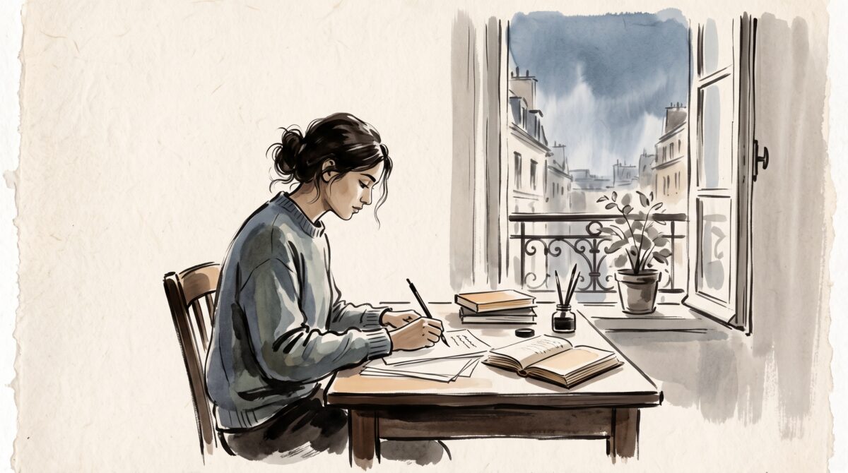 Painterly illustration of a young woman writing at a small desk by a tall Parisian window in soft morning light
