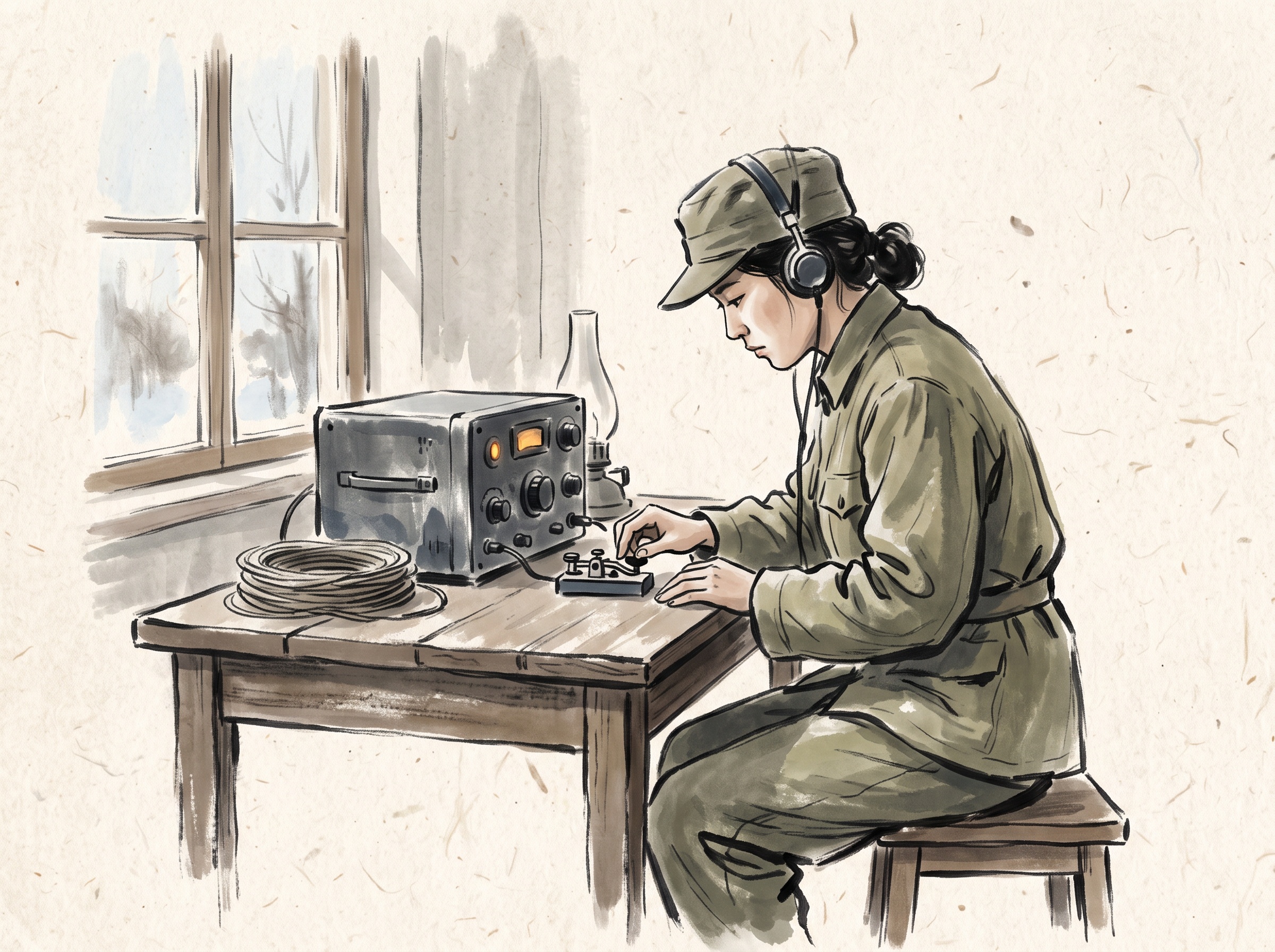 Illustration of a young woman in wartime uniform concentrating over a wireless transmitter and Morse key in cold light