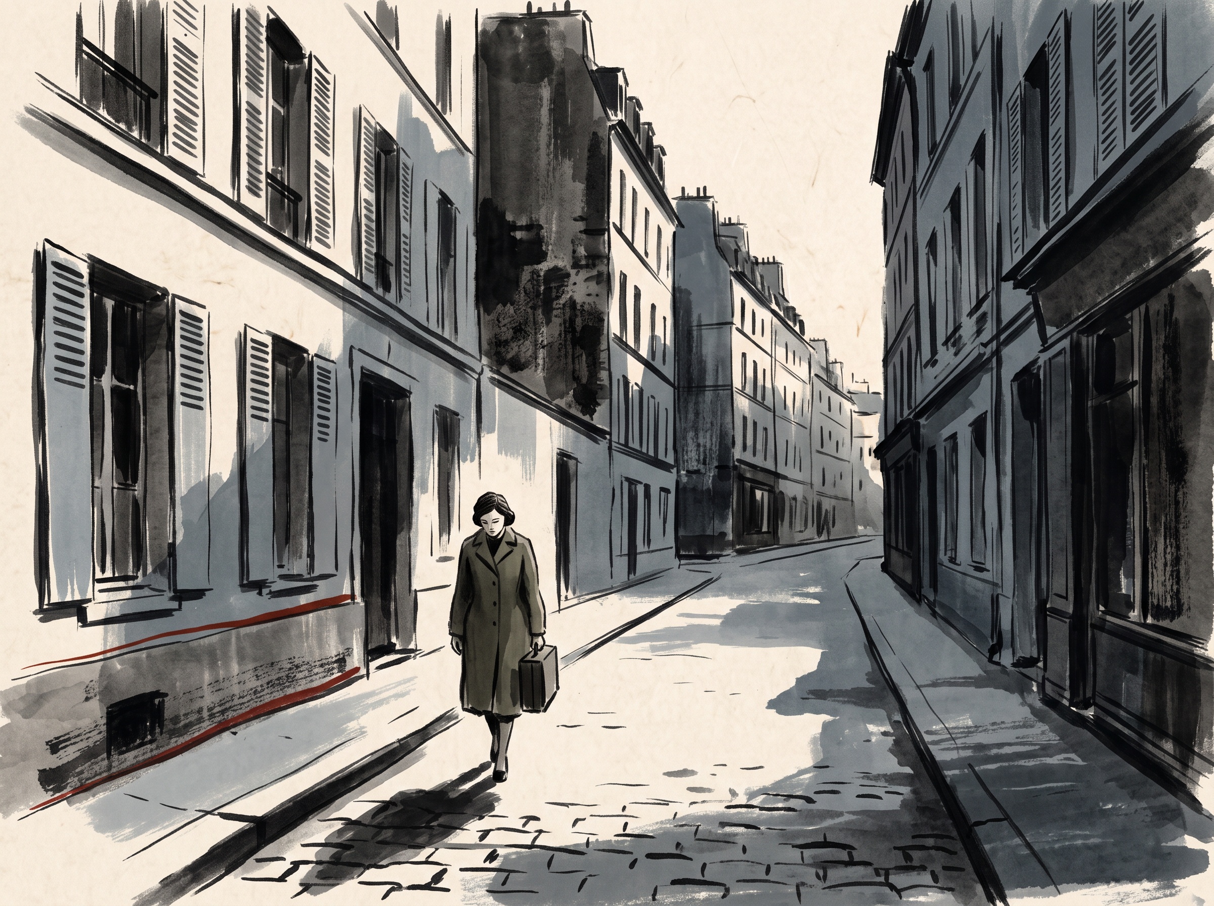 Illustration of a lone woman in a coat carrying a small suitcase along an empty shuttered city boulevard at dusk