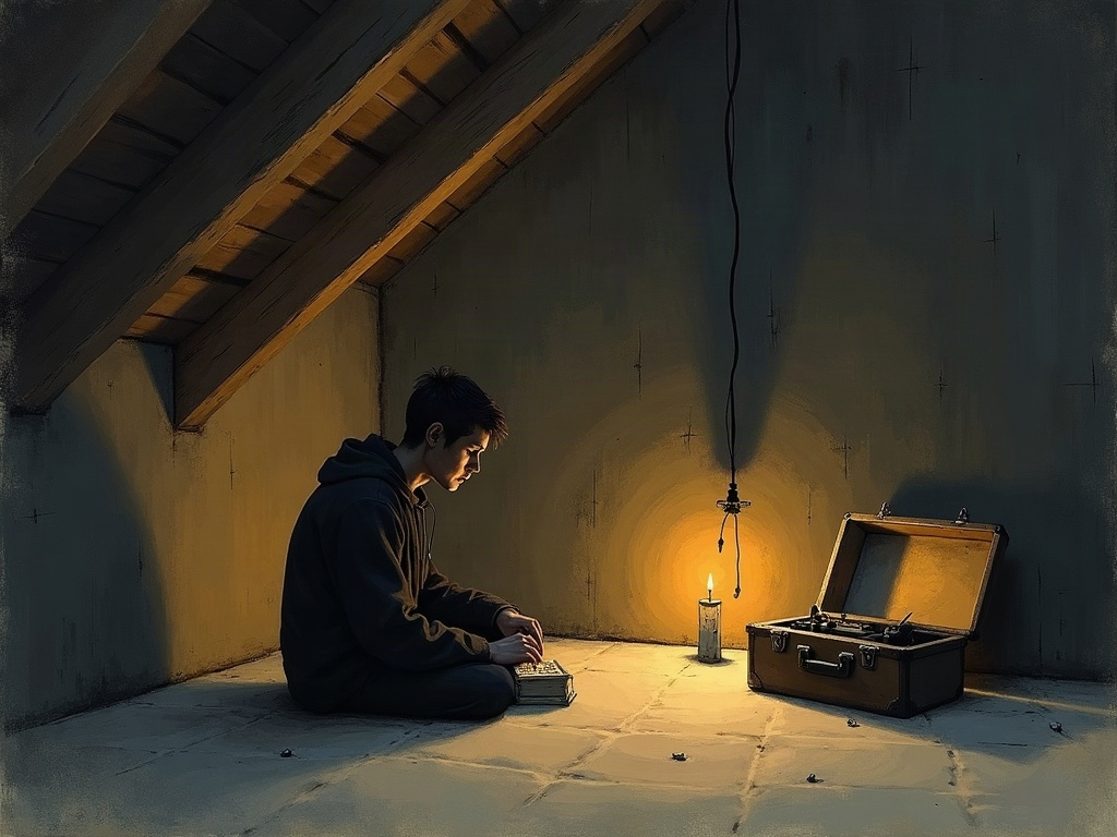 Illustration of a lone figure tapping a Morse key beside a suitcase transmitter in a dim candlelit attic at night