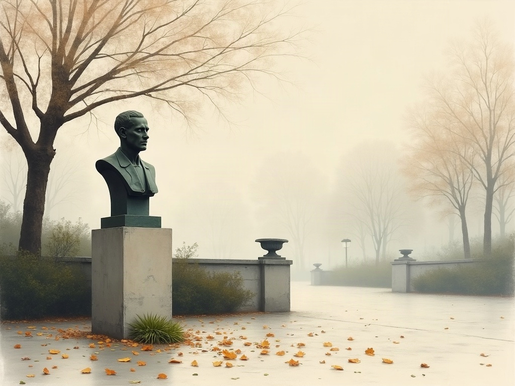 Illustration of a simple bronze memorial bust on a stone plinth in a misty London garden square at autumn dawn with fallen leaves