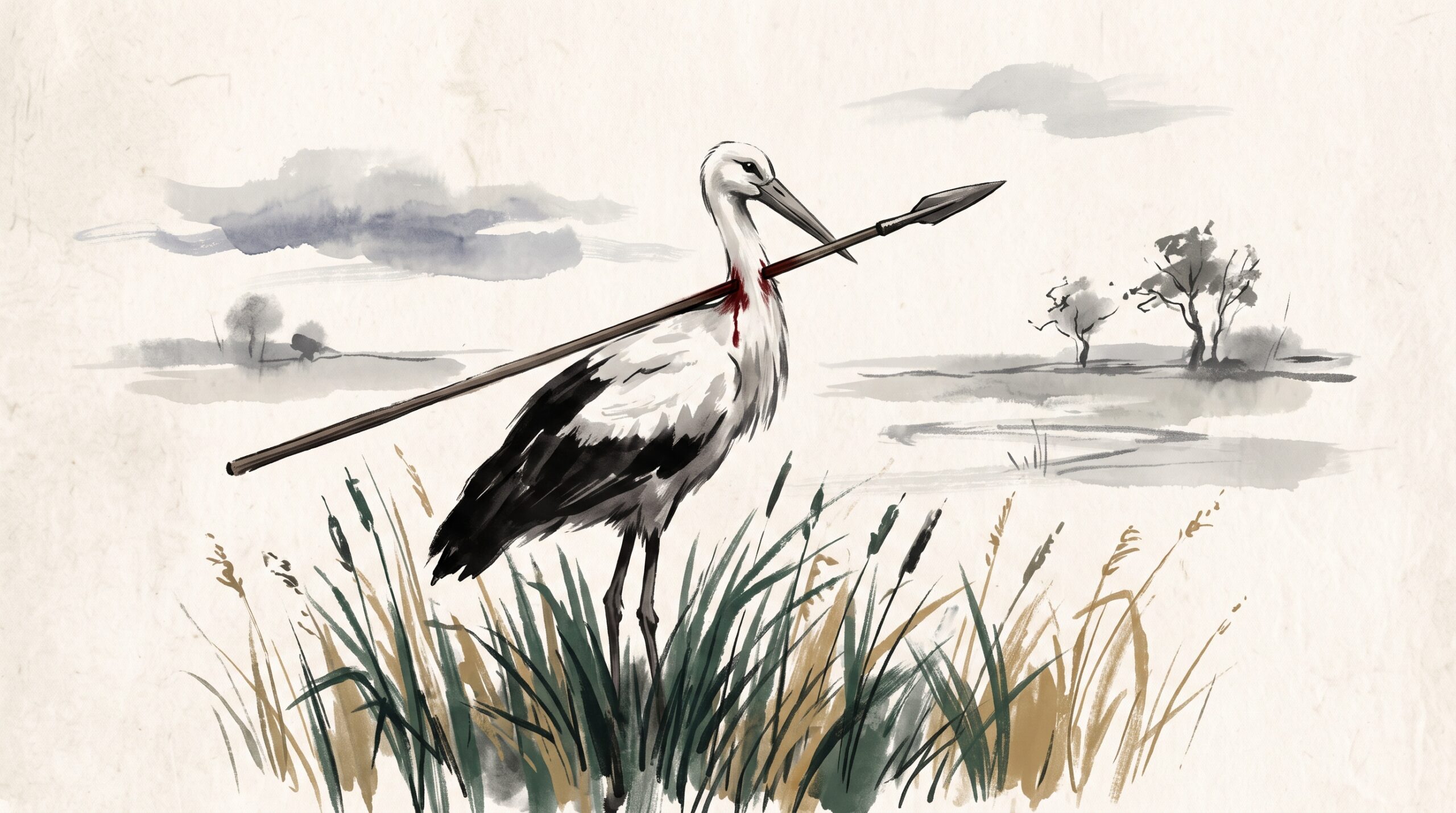 A painterly minimalist scene of a white stork standing calmly with a long African spear pierced through its neck